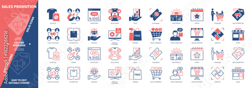 Sales Promotion icon set. Events, New Product, Product Placement, Couponing, Freebies, Discount, Consumers, Sales. Duotone color solid and editable outline icons