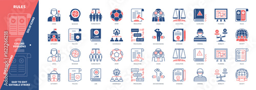 Rules icon set. Law, Legislation, Guidelines, Human Rights, Governance, Judge, Morality, Sport. Duotone color solid and editable outline icons
