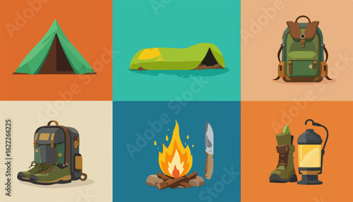 Outdoor adventure gear illustration set: Camping tent, backpack, campfire, and boots ready for hiking and exploring nature, perfect for travel blogs