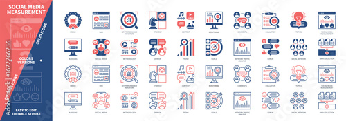 Social Media Measurement icon set. Data Collection, Social Media, Topics, Wiki, Key Performance Indicator, Opinion, Brand, Website. Duotone color solid and editable outline icons