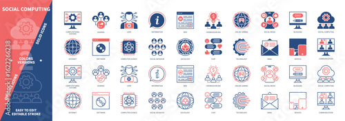 Social Computing icon set. Technology, Sociology, Online Gaming, Sharing, Wiki, Internet, Crowdsourcing, Social Behavior. Duotone color solid and editable outline icons