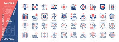 Smart Grid icon set. Reliability, Distribution, Renewable Energy, Smart Meters, Management, Security, Smart City, Infrastructure. Duotone color solid and editable outline icons