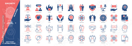 Sincerity icon set. Goodness, Core Values, Beliefs, Pray, Communication, Morality, Friendship, Integrity. Duotone color solid and editable outline icons