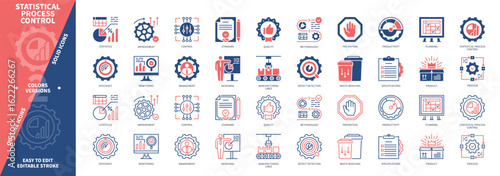 Statistical Process Control icon set. Manufacturing Lines, Quality Control, Standard, Monitoring, Defect Detection, Designing, Specifications, Problems Prevention. Duotone color solid and editable out