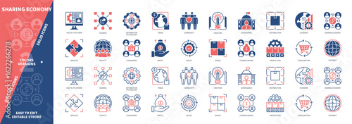 Sharing Economy icon set. Reuse, Economy, Crowdfunding, Community, Sharing, Distribution, Digital Platform, Profit, Goods. Duotone color solid and editable outline icons