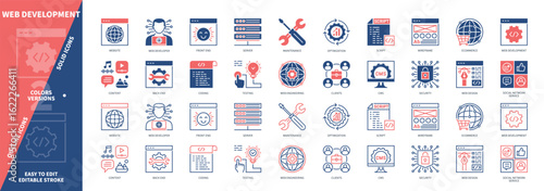 Web Development icon set. Script, Optimization, Testing, Coding, Maintenance, Usability, Website, Wireframe. Duotone color solid and editable outline icons