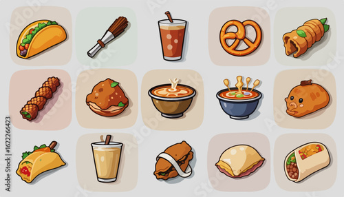 Delicious street food icons set for restaurant menu design and food delivery apps, perfect for vibrant and appetizing culinary projects, originally scalable vector
