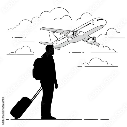Silhouette of a traveler with luggage eagerly awaits departure as an airplane ascends into the sky amidst clouds.