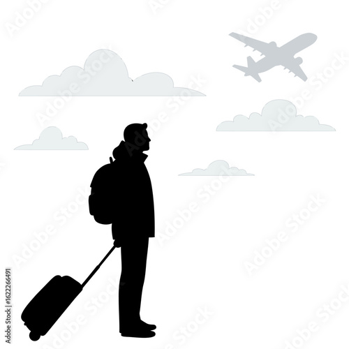 A lone traveler's silhouette stands with luggage, looking up at an airplane flying across a cloudy sky, symbolizing journey and departure.