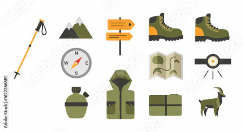 Plan your next outdoor adventure with this icon collection of hiking gear for exploring mountains and trails, from compass to boots and jacket