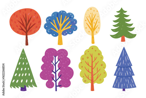 Colorful Trees Collection: A vibrant assortment of unique trees, each boasting its own distinctive shape, color, and texture, showcasing the beauty and diversity of nature's arboreal wonders.