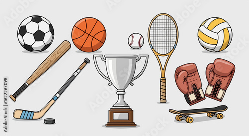 Sports equipment collection with vintage trophy for champion team, vector illustration for team sports, training, games and active lifestyle