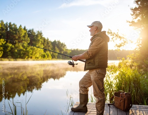 Middle-Aged Man Fishing at Sunrise by a Quiet Forest Lake