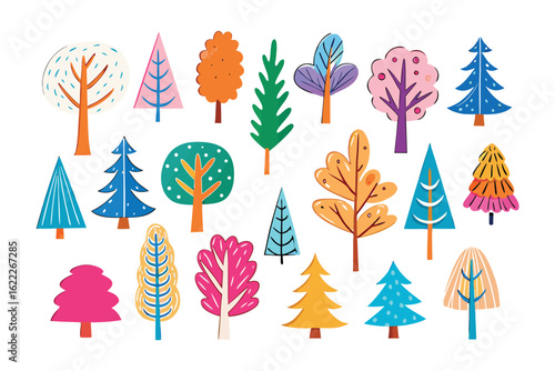 Colorful tree collection: A vibrant array of diverse trees, each bearing unique forms and hues. perfect for illustrating the beauty and variation found in nature.