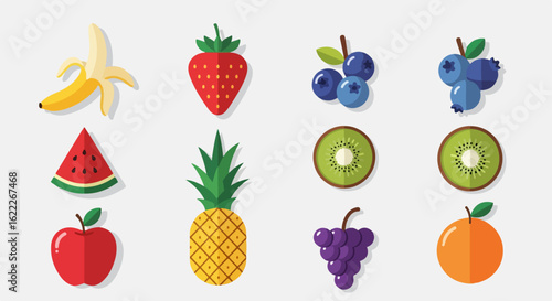 Vibrant flat lay of colorful fresh fruits, a healthy eating concept showcasing banana, strawberry, kiwi, pineapple, watermelon, grapes and orange