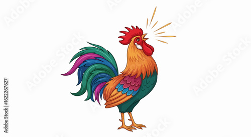 Vibrant rooster crowing cheerfully, a symbol of morning, farm life, and new beginnings, perfect for adding a touch of rustic charm to any design