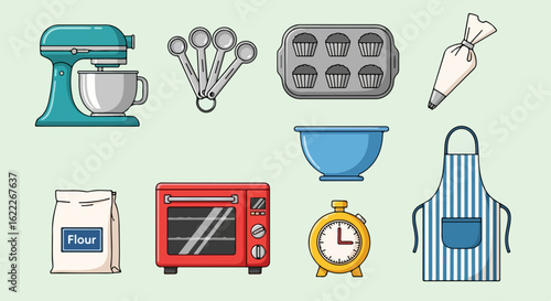 Delightful baking essentials still life ready for your next culinary adventure, perfect for recipes, blogs, or kitchen decor with a charming, whimsical touch