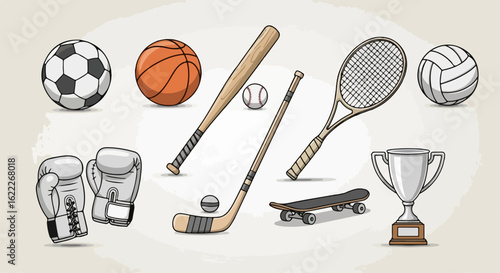 Dynamic sports equipment collection for athletic lifestyle brands and fitness campaigns, showcasing competition and achievement with a modern, energetic vibe