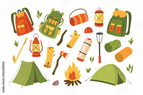 Camping Gear and Nature Essentials: A curated assortment of camping equipment and nature essentials, including tents, backpacks, lanterns, firewood, and more.