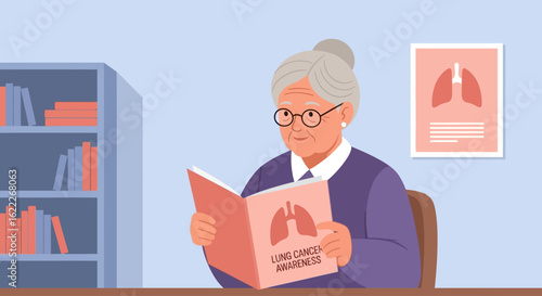 Elderly woman reading a booklet about lung cancer treatment in a doctor's office.