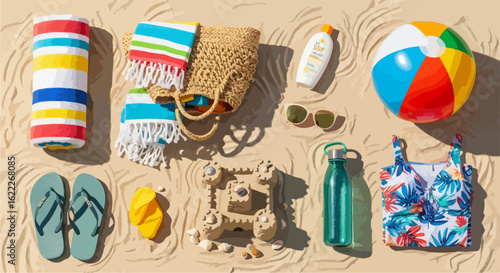 Summer beach vacation essentials flat lay: Beach towel, sunglasses, flip flops, sunblock, beach bag, water bottle, and cute floral swimsuit for fun in the sun
