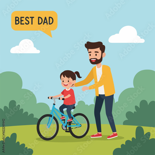 Adorable daughter learns to ride bike with loving dad, a heartwarming Father's Day moment of family bonding, celebrating paternal love in a park