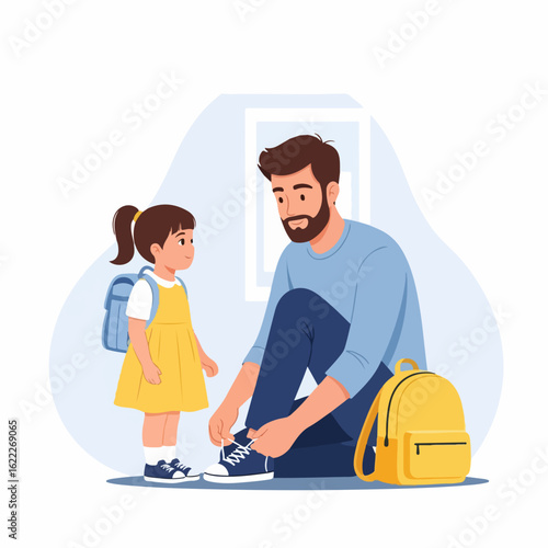 Heartwarming moment of a father tying his daughter's shoelaces before school, capturing family love, care, and back to school preparation in a tender scene