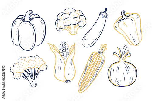 Fresh Farm Produce: A colorful, hand-drawn illustration showcasing a vibrant assortment of fresh vegetables, ready to inspire healthy eating and culinary creativity.