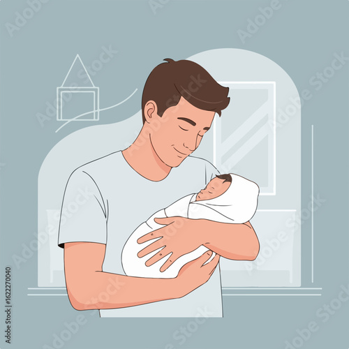 Loving father gently cradling newborn baby in comforting embrace, a moment of pure connection and tenderness, family bonding, parenthood bliss