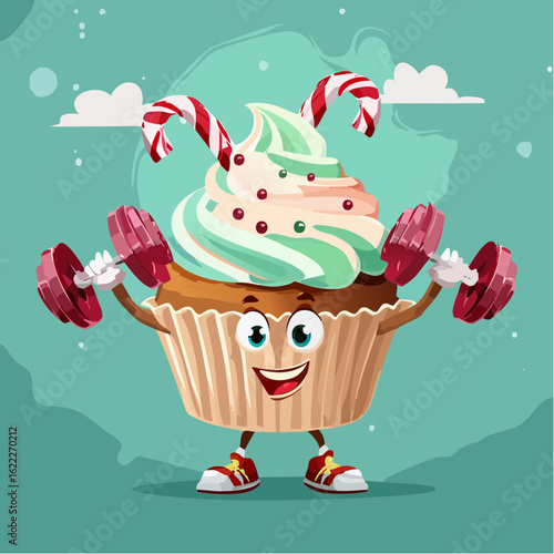 A muscly cupcake pumps candy cane weights like a dessert bodybuilder in a hilarious frosted workout.