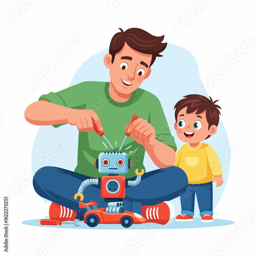 Father and son bonding over a fun robot building project together at home, creating memories and fostering creativity with this innovative toy