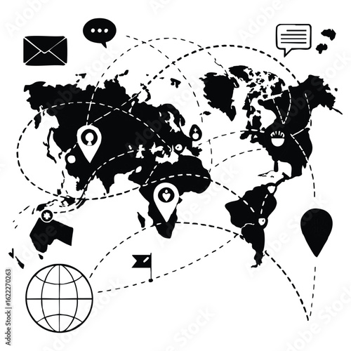 Global communication and travel network with location markers world map global network