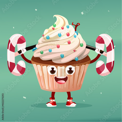 A muscly cupcake pumps candy cane weights like a dessert bodybuilder in a hilarious frosted workout.