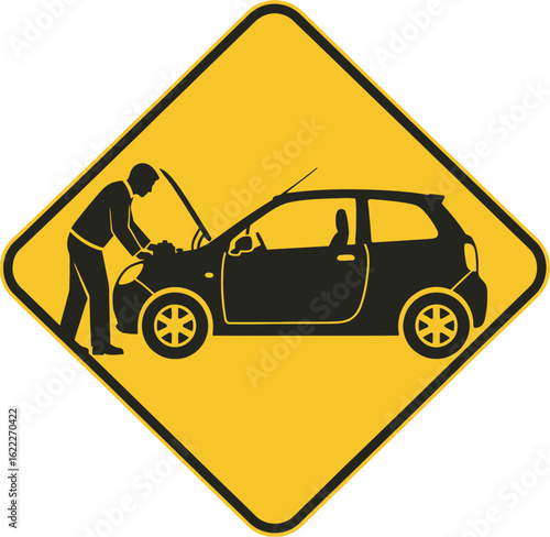 Caution car trouble ahead, warning sign for roadside assistance needed soon