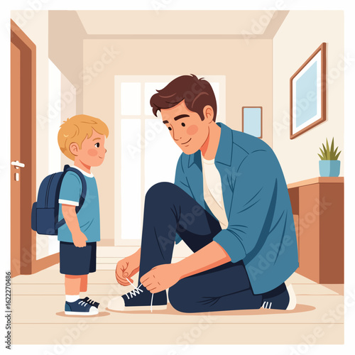 Heartwarming moment of dad helping his son tie shoelaces before school, fostering love and care with family values, perfect for educational and parenting content