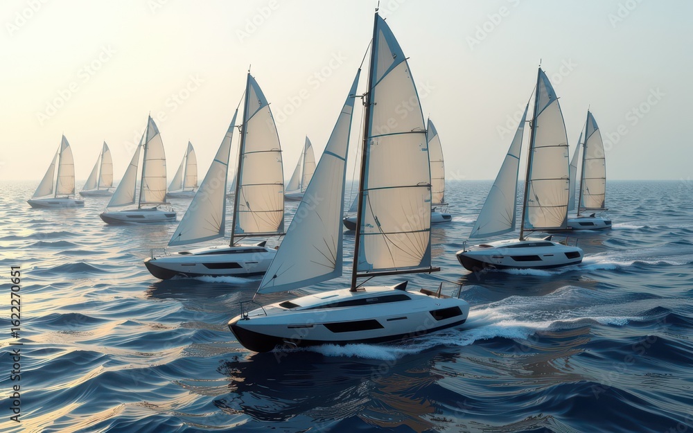 Fototapeta premium Sailboats with white sails gliding over calm water at sunset.