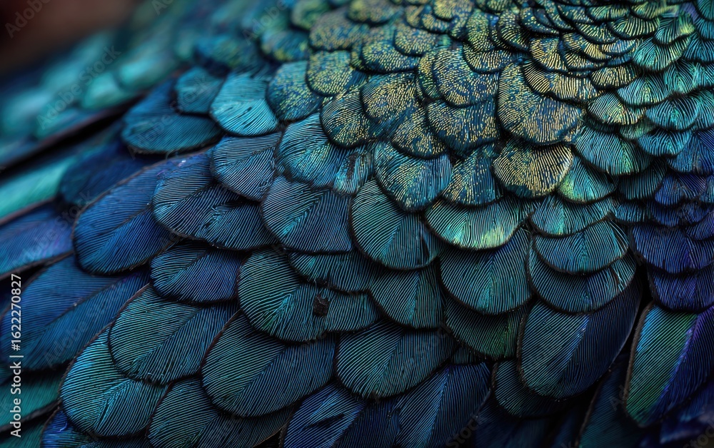 Obraz premium Close-up view of overlapping, vibrant teal and blue bird feathers