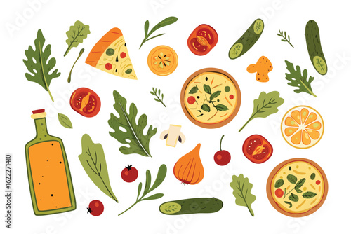 Culinary Creation: An eye-level shot of fresh ingredients beautifully arranged. A mouthwatering collection of pizza slice and fresh ingredients.