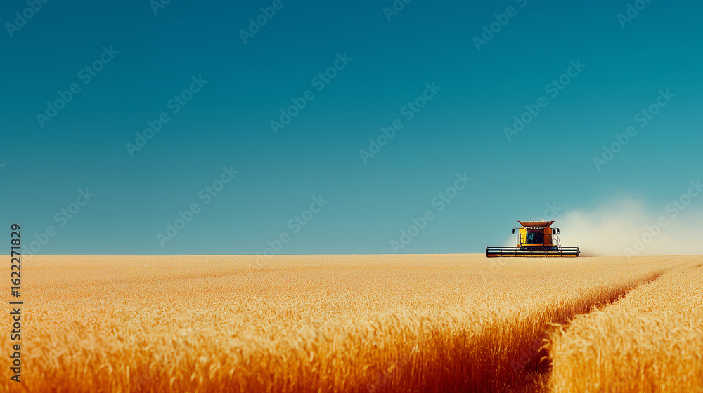 Fototapeta premium close up of modern combine harvester working in golden wheat field