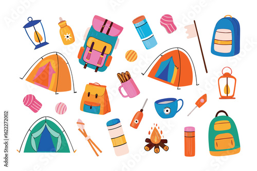 Camping Essentials: A vibrant illustration of camping gear scattered, ready for a wilderness adventure, depicting tents, backpacks, lanterns and essentials for a memorable outdoor experience.