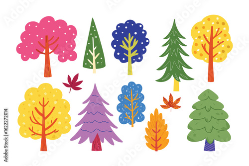 Collection of Illustrated Trees: A vibrant collection of illustrated trees, each with unique shapes and colorful foliage. Featuring various species and stylized leaf designs.