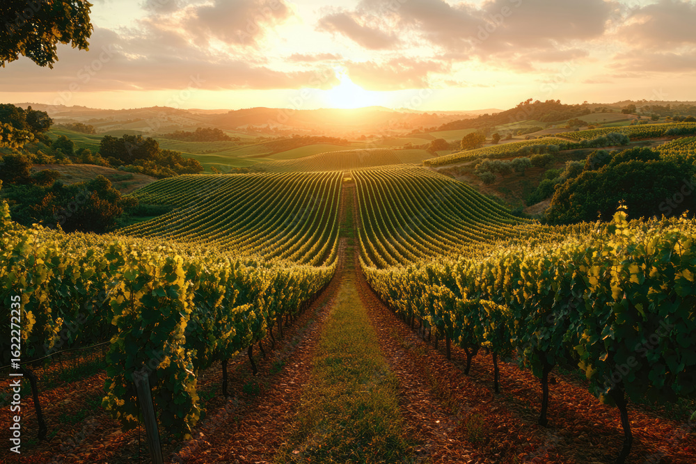 Fototapeta premium Endless Vineyards Awaken Under a Golden Dawn