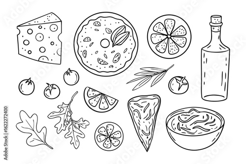 Italian Cuisine Illustration: A black and white line art arrangement features a diverse array of Italian culinary elements. Representing traditional food of Italy
