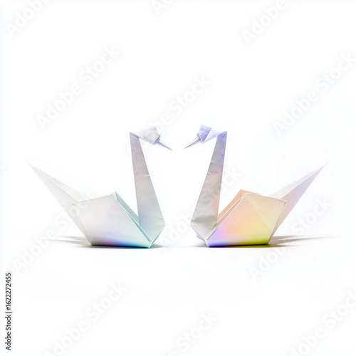 Free Download Elegant origami swan artwork with iridescent pastel tones. Minimalist paper bird design symbolizing peace, love, and harmony. Perfect for modern wall art, zen decor - GFXLoad
