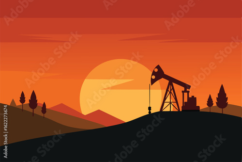 sunset landscape with silhouette of oil pump jack .eps