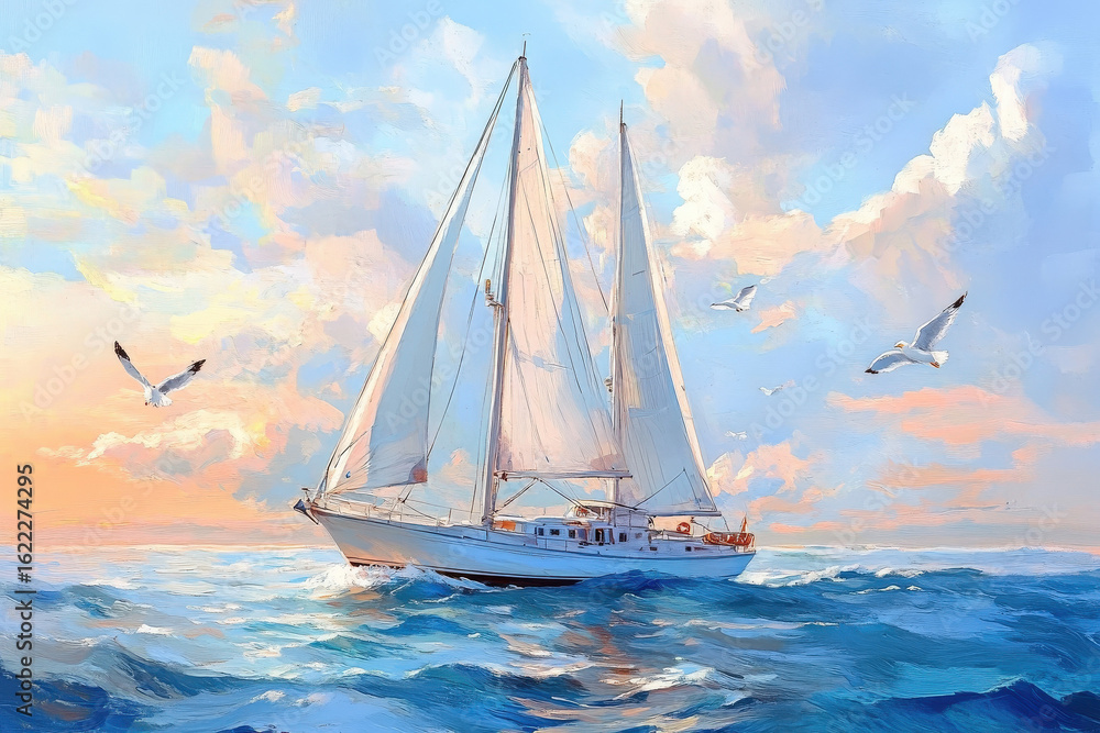 Fototapeta premium Sailing boat cruising on calm ocean waters under blue sky