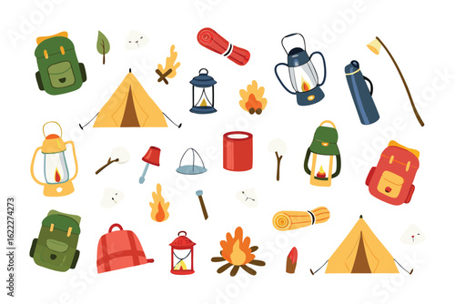 Camping Essentials Illustration: A collection of camping essentials including tents, backpacks, lanterns, campfires, and various other outdoor accessories.