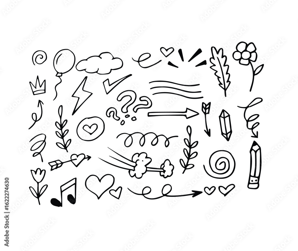Fototapeta premium Sketch element line set. Abstract nature element decoration graphic icon set. Sketch hand drawn line element for brush, abstract decoration design. Vector illustration