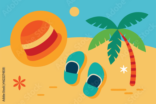 tropical beach vacation flat lay with sunglasses .eps