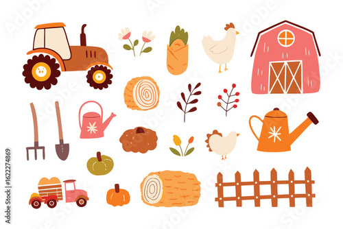 Farmhouse Element Collection: A vibrant illustration featuring a diverse array of elements associated with farm life, showcasing a charming blend of rustic aesthetics.